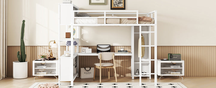 Full-Size Loft Bed with Desk, Wardrobe and Storage