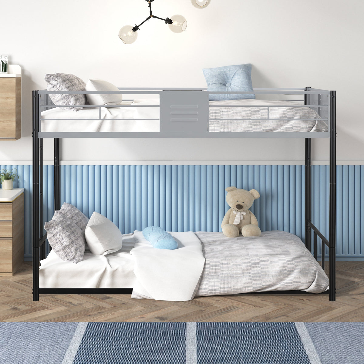 Metal Twin-Over-Twin Bunk Bed with Guardrails & Ladder