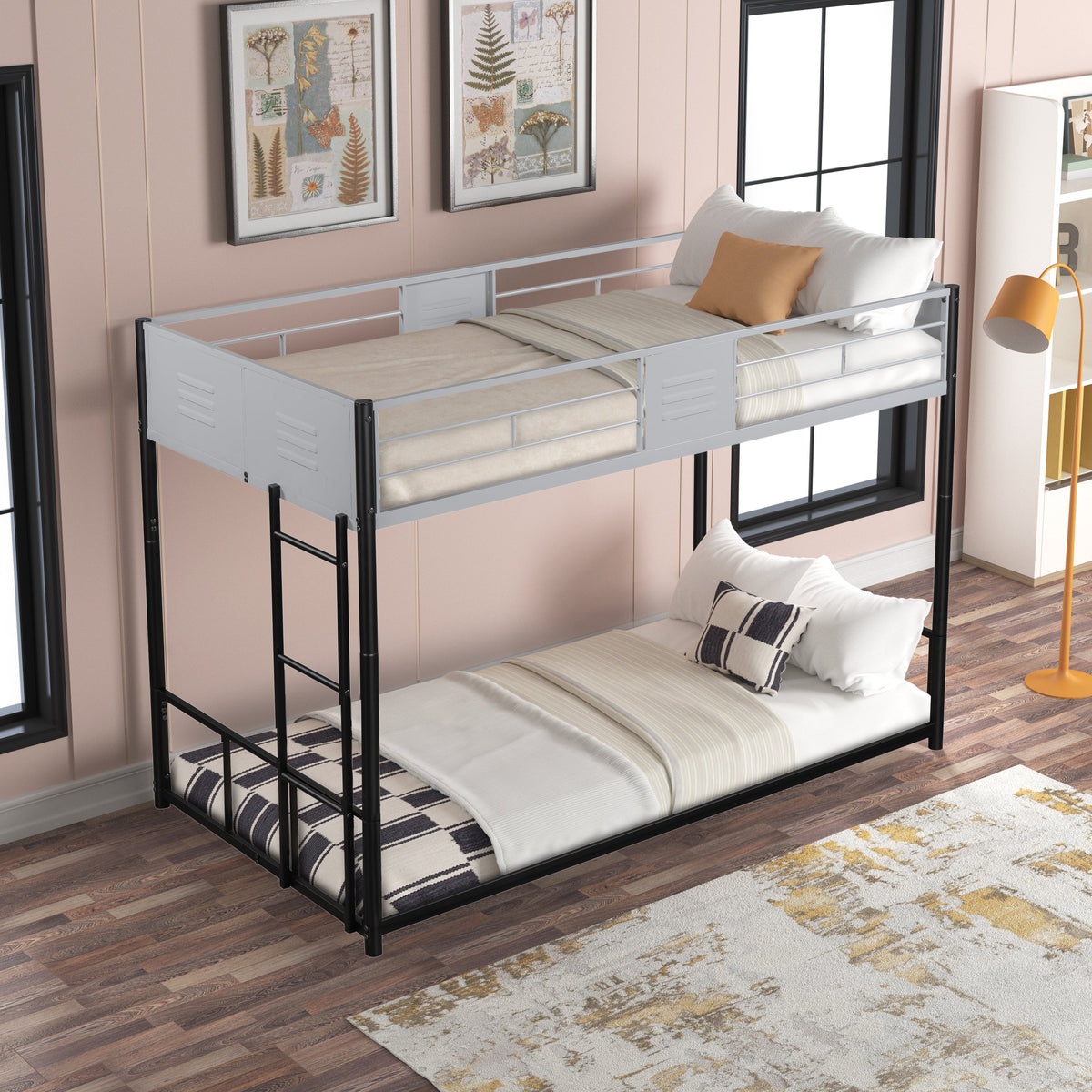 Metal Twin-Over-Twin Bunk Bed with Guardrails & Ladder