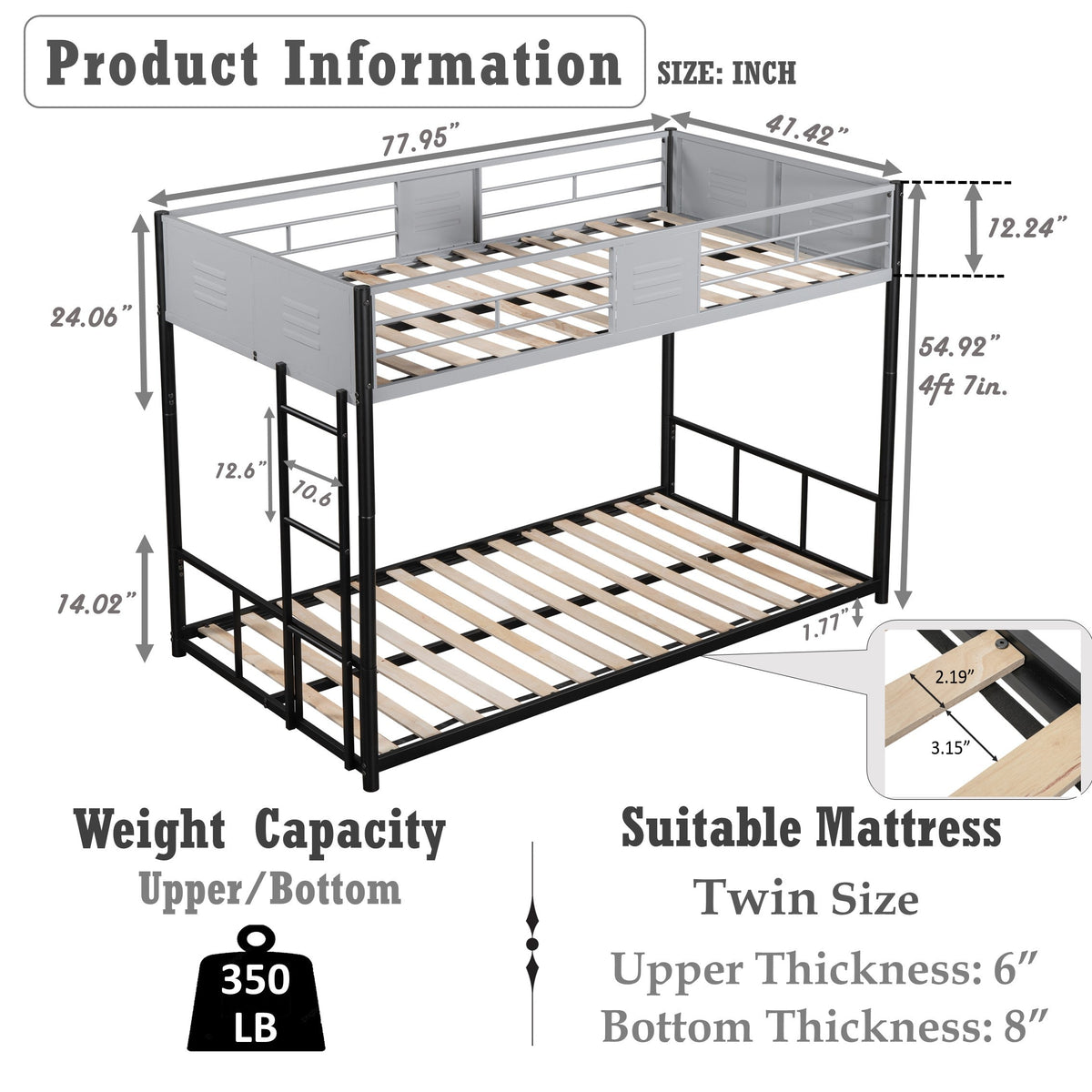 Metal Twin-Over-Twin Bunk Bed with Guardrails & Ladder