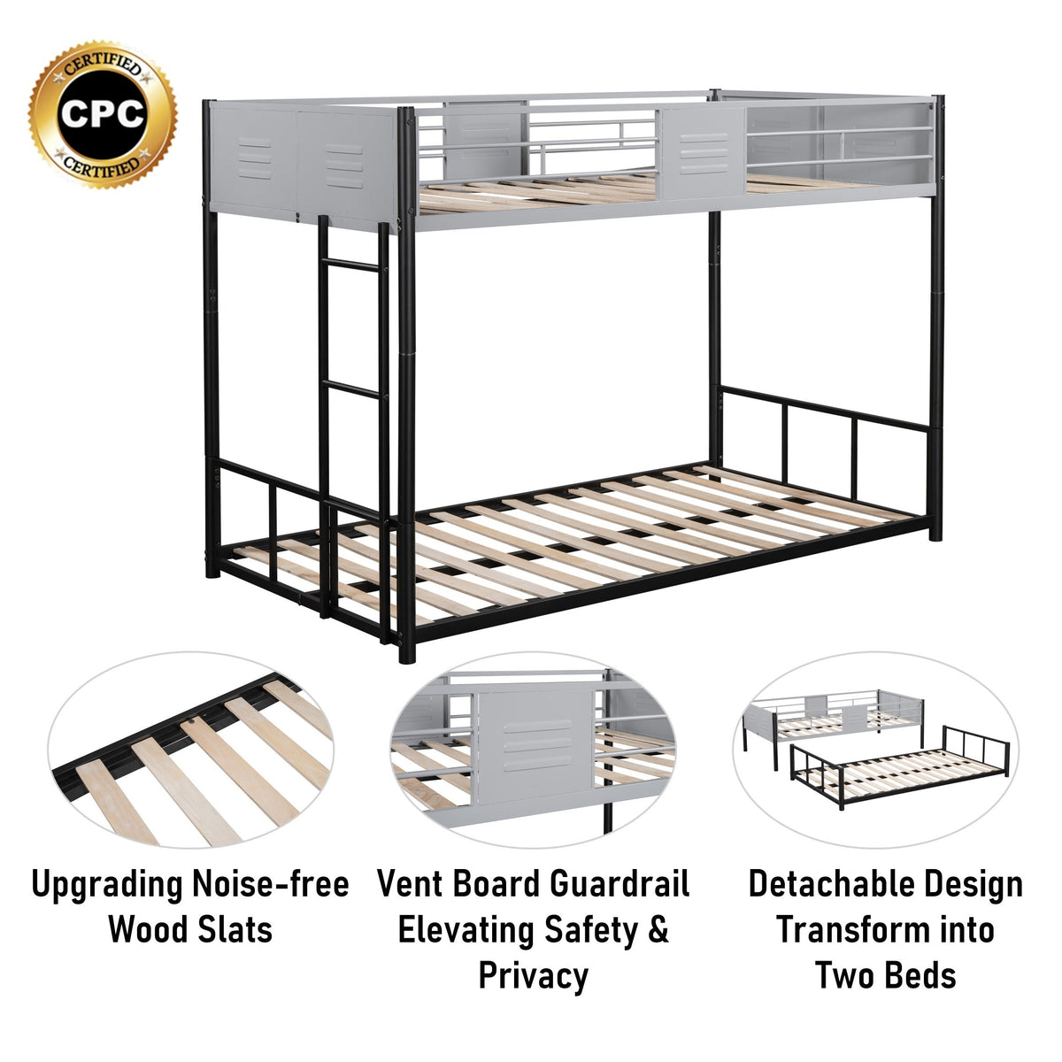 Metal Twin-Over-Twin Bunk Bed with Guardrails & Ladder