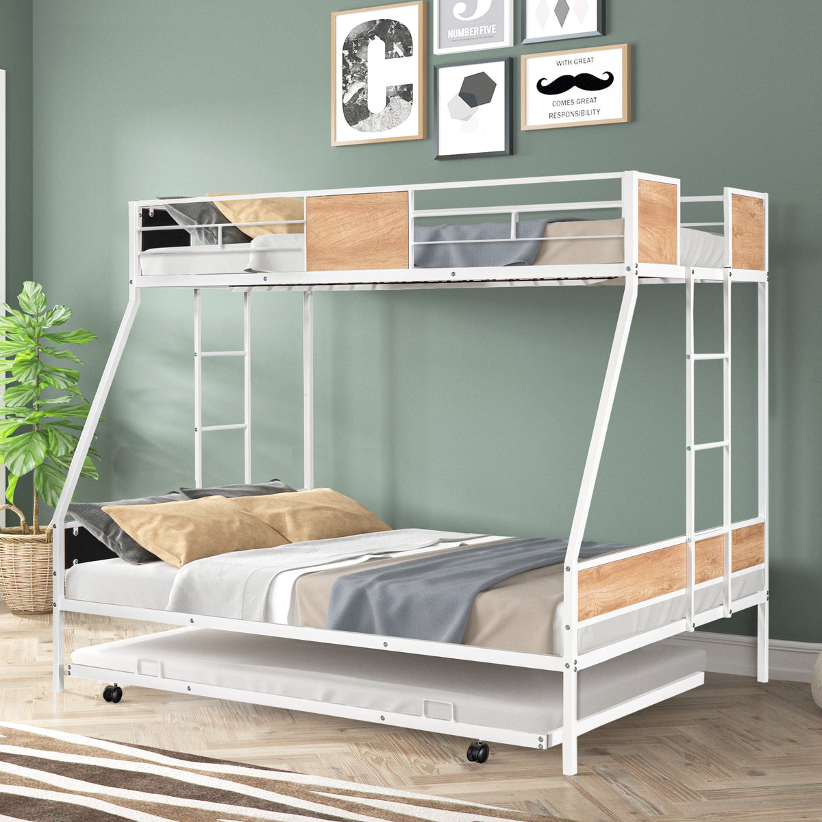 Twin Over Full Metal Bunk Bed with Trundle for Kids