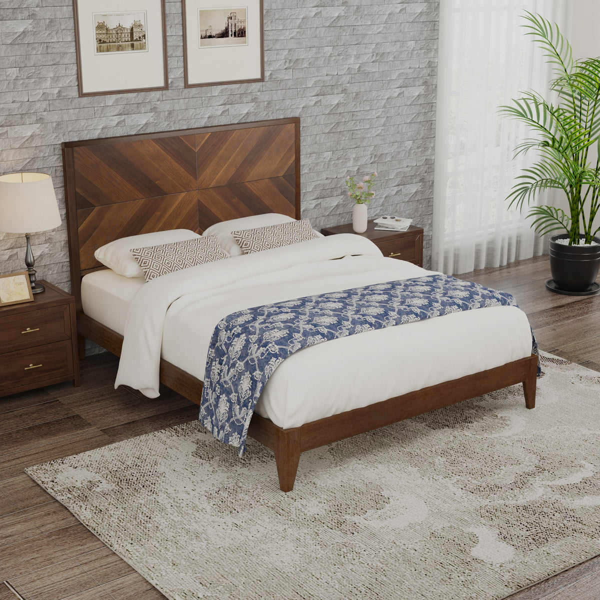Walnut Mid-Century Platform Bed Frame, Full Size