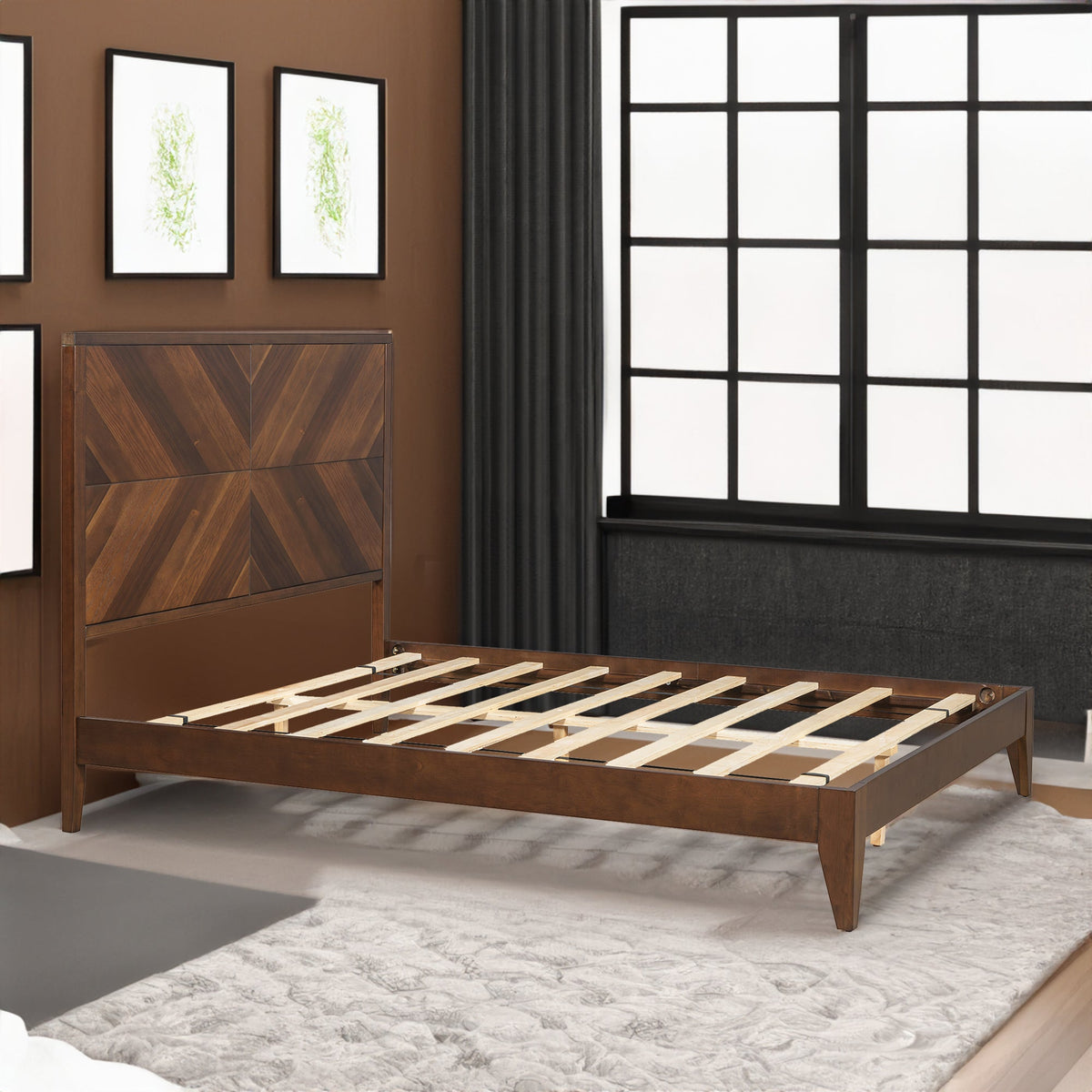 Walnut Queen Platform Bed Frame, No Box Spring Needed