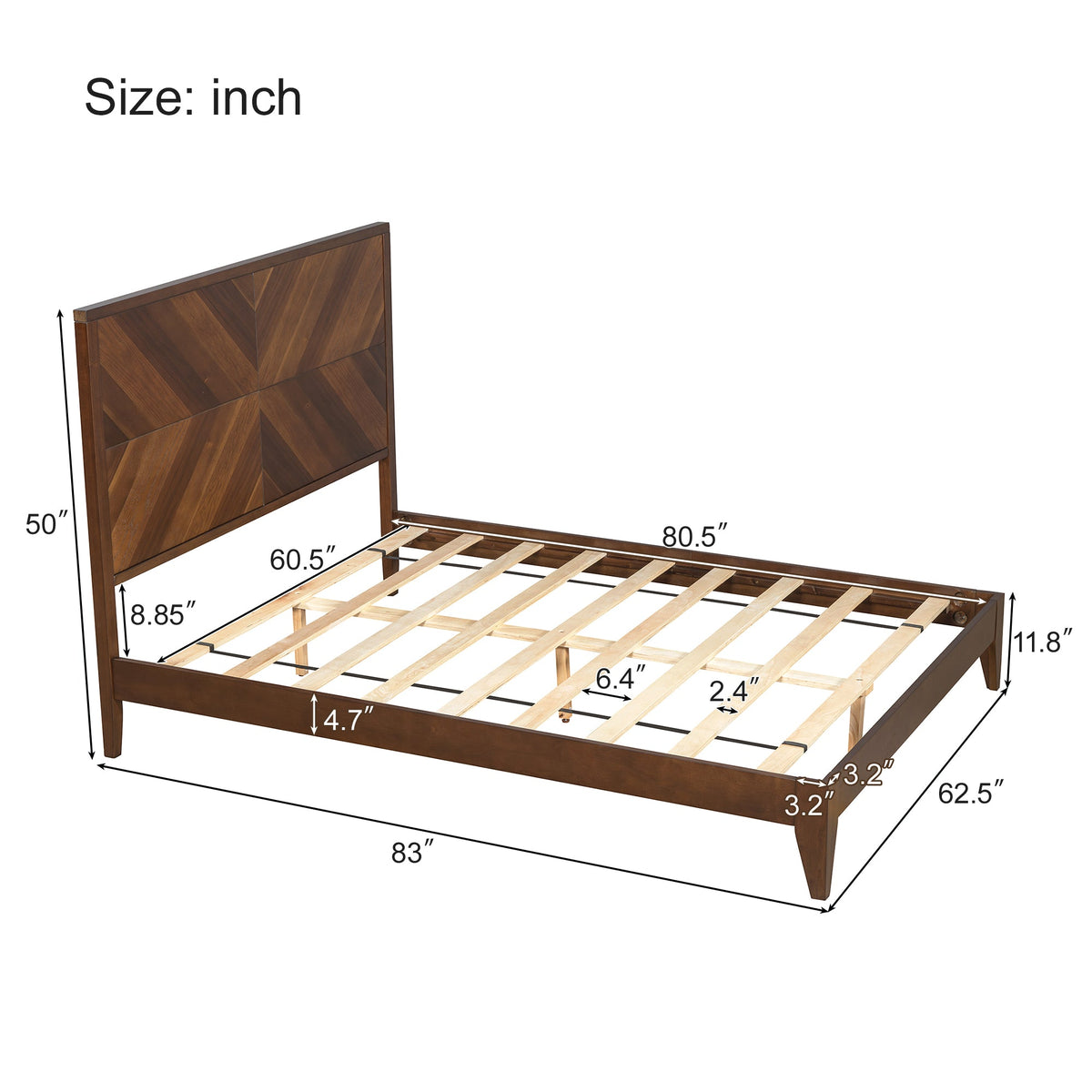 Walnut Queen Platform Bed Frame, No Box Spring Needed