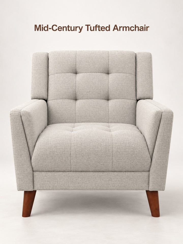 Mid-Century Tufted Armchair in Grey Linen Look