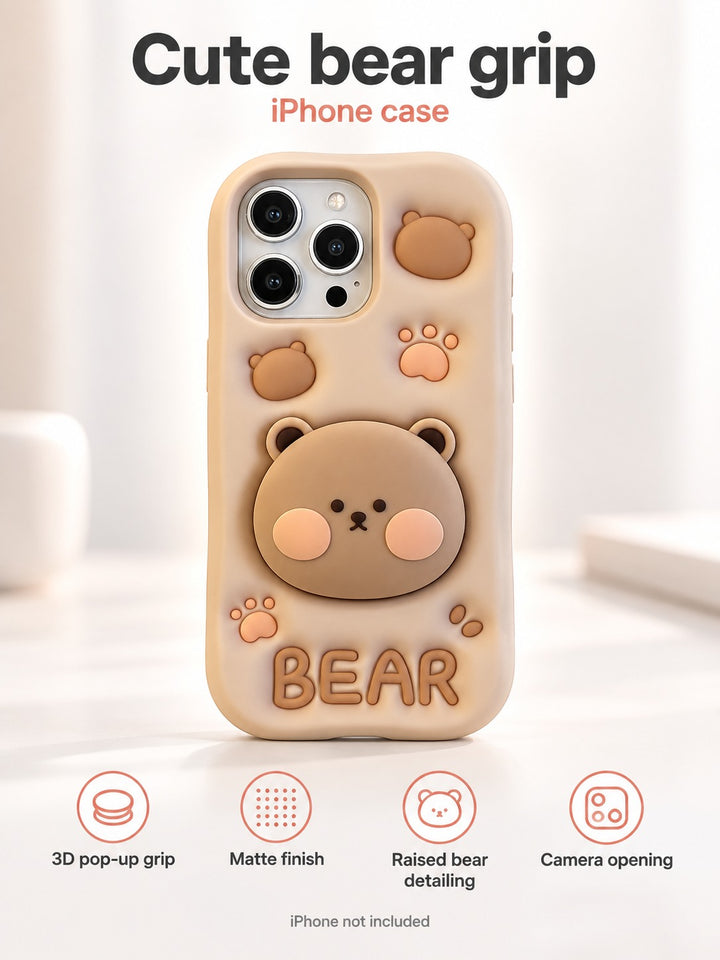 Milk Tea Bear iPhone 16 Pro Max Case with Pop-Up Grip