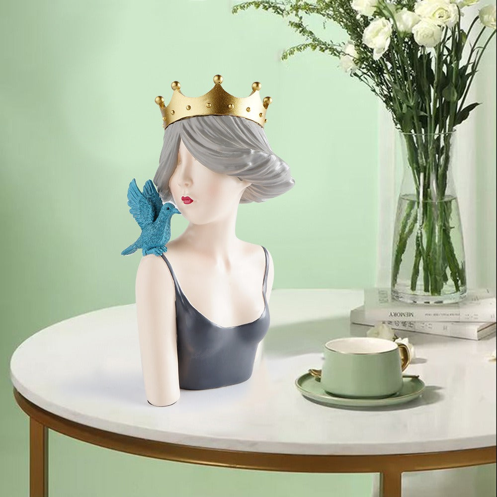 Crowned Girl Sculpture for Elegant Shelf Decor Accents