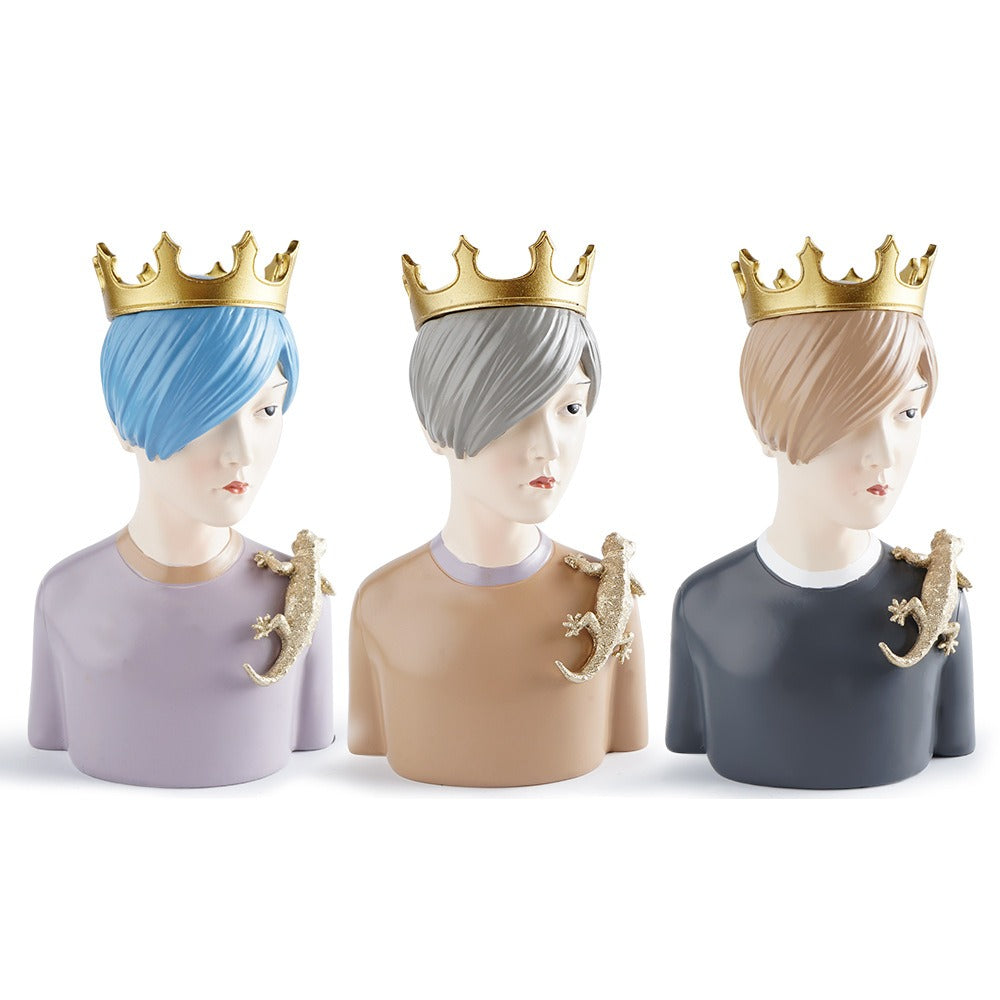 Crowned Boy Resin Bust Sculpture for Shelf Decor