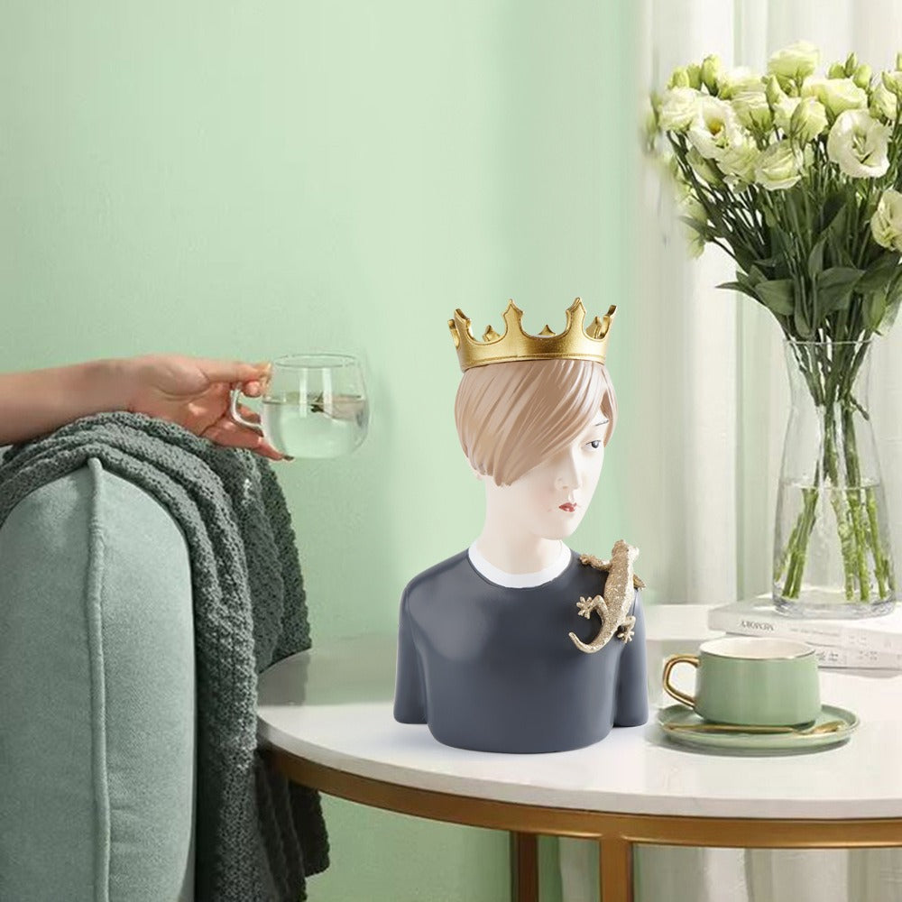 Crowned Boy Resin Bust Sculpture for Shelf Decor