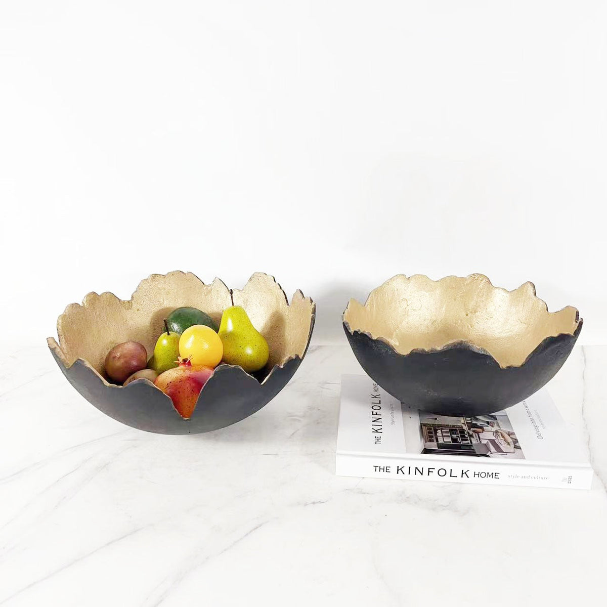 Decorative Fruit Bowl Tray, Matte Black & Gold Alloy