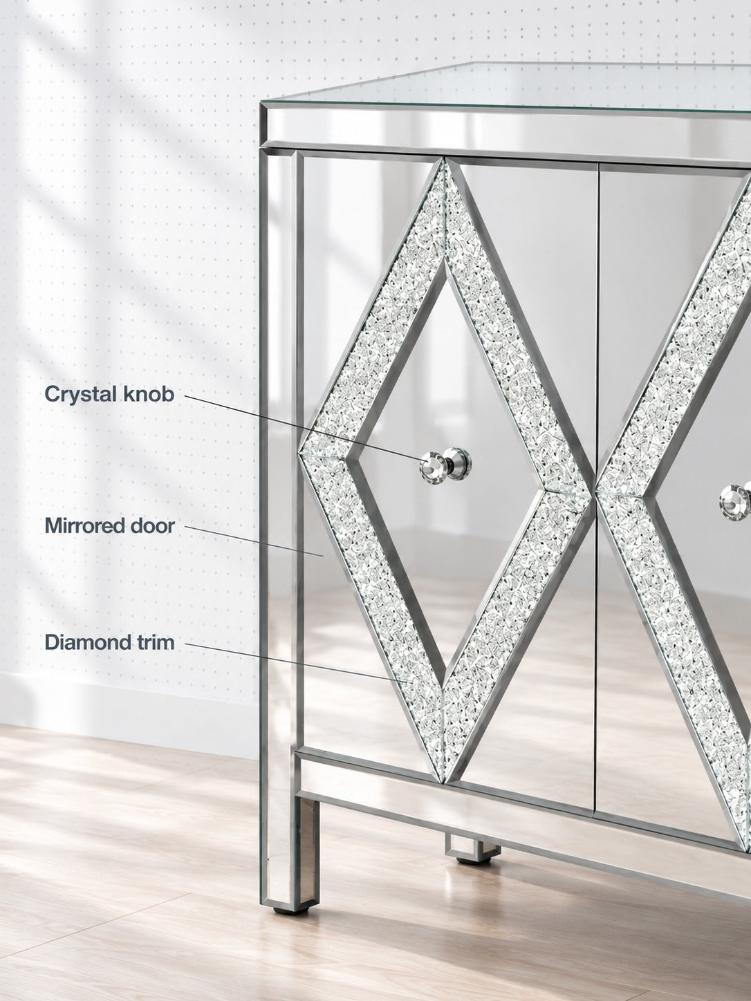 Mirrored Storage Cabinet with Diamond Crystal Accents