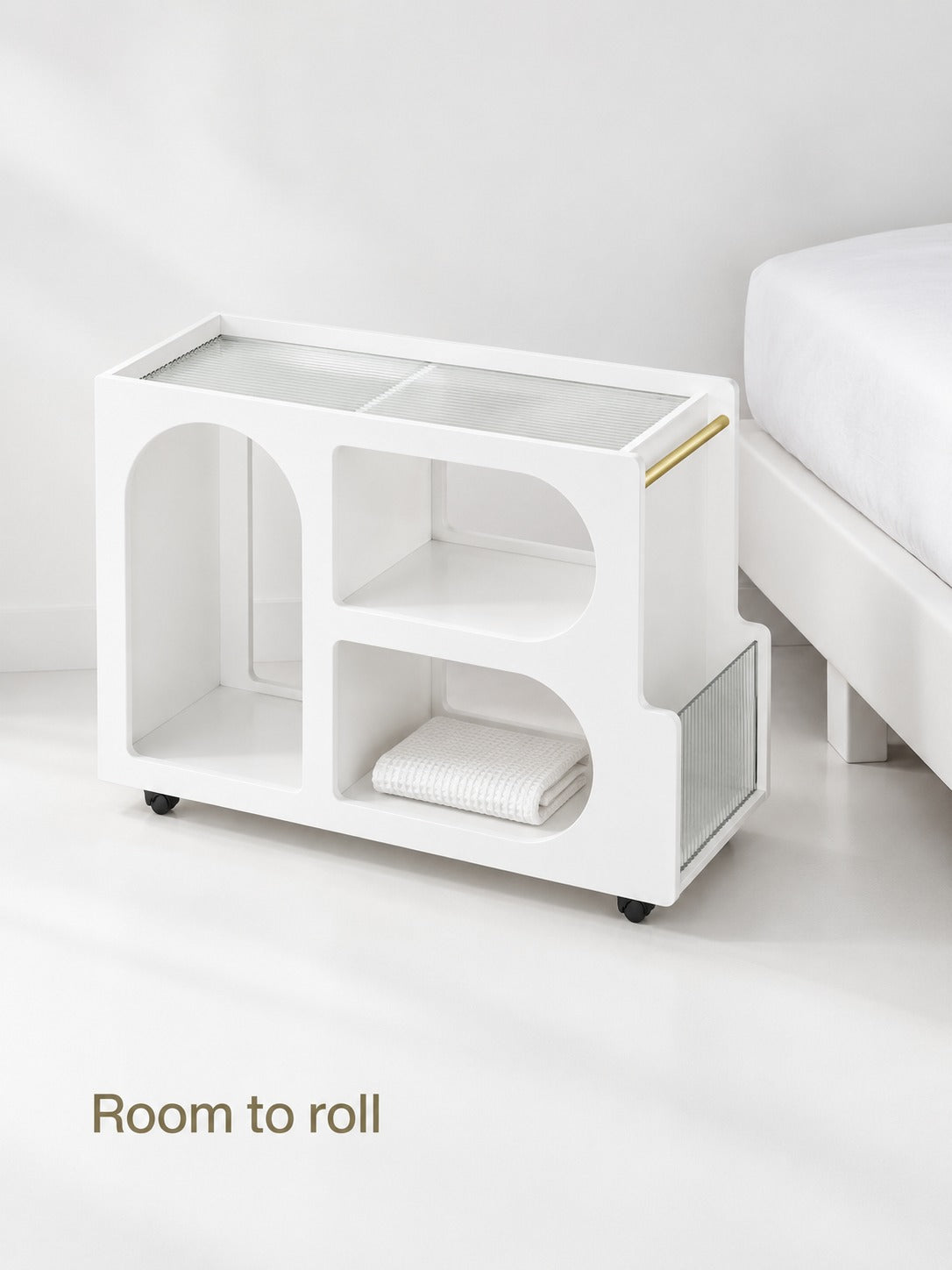Mobile Bedside Table with Fluted Glass Top and Gold Bar