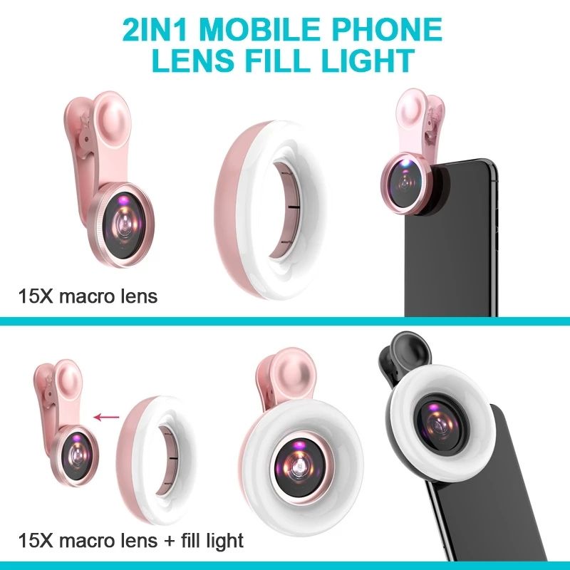 Phone Macro Lens with Ring Fill Light for Makeup