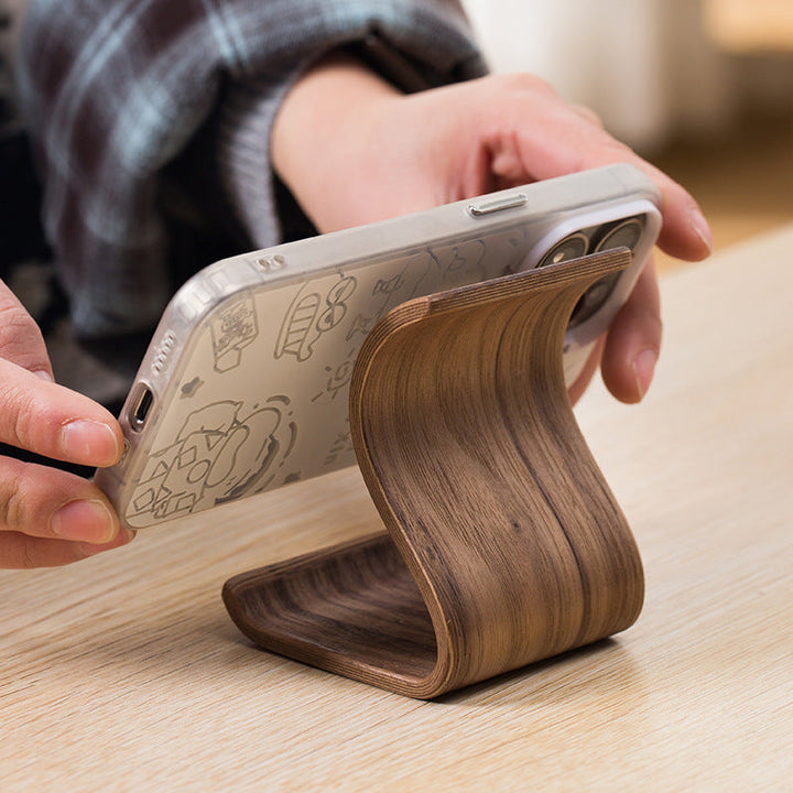 Bent Wood Phone Stand for Desk Video Calls and Viewing