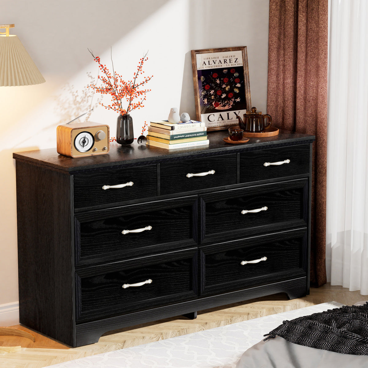 7 Drawer Black Dresser for Bedroom with Clothes Storage