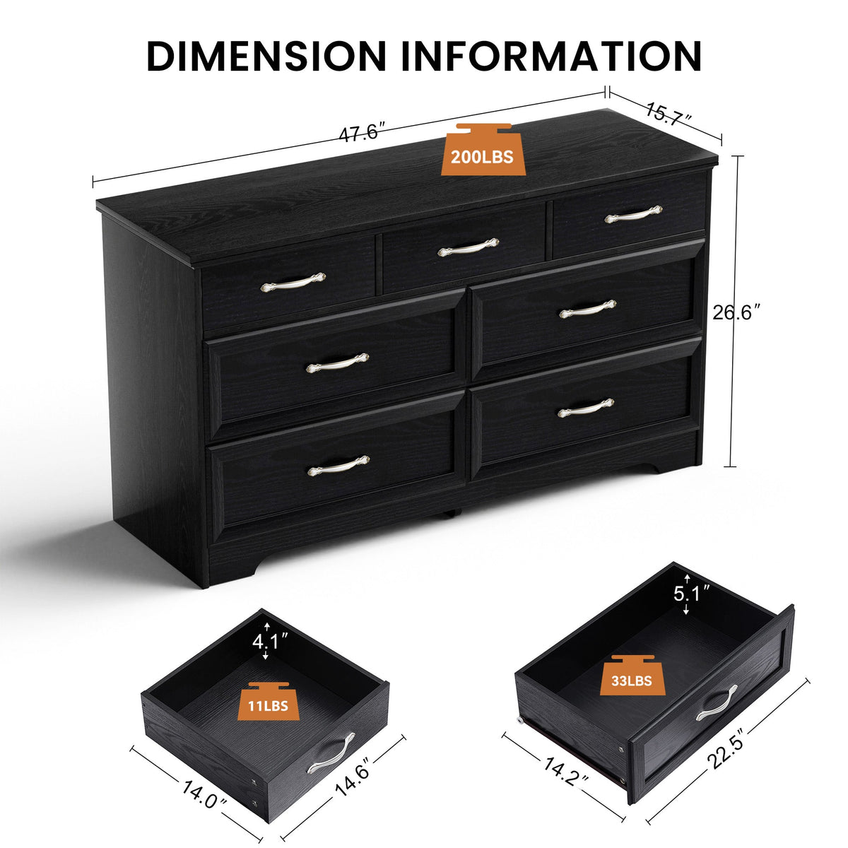 7 Drawer Black Dresser for Bedroom with Clothes Storage