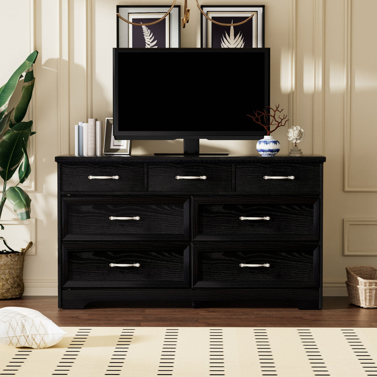 7 Drawer Black Dresser for Bedroom with Clothes Storage
