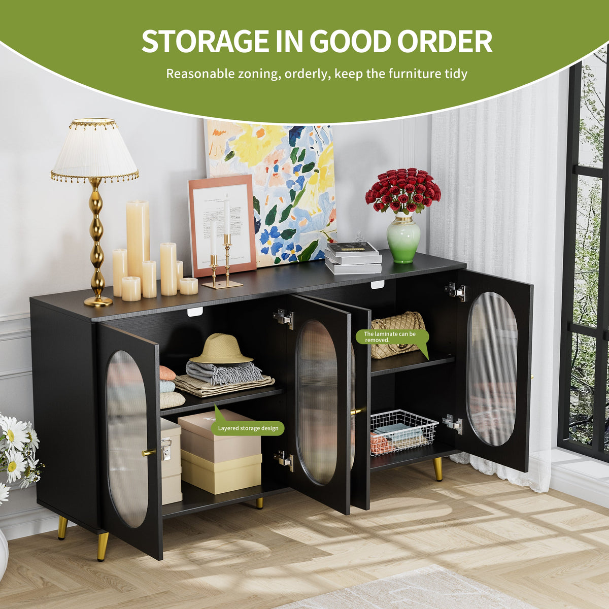 Modern Black Sideboard with Acrylic Doors & Storage