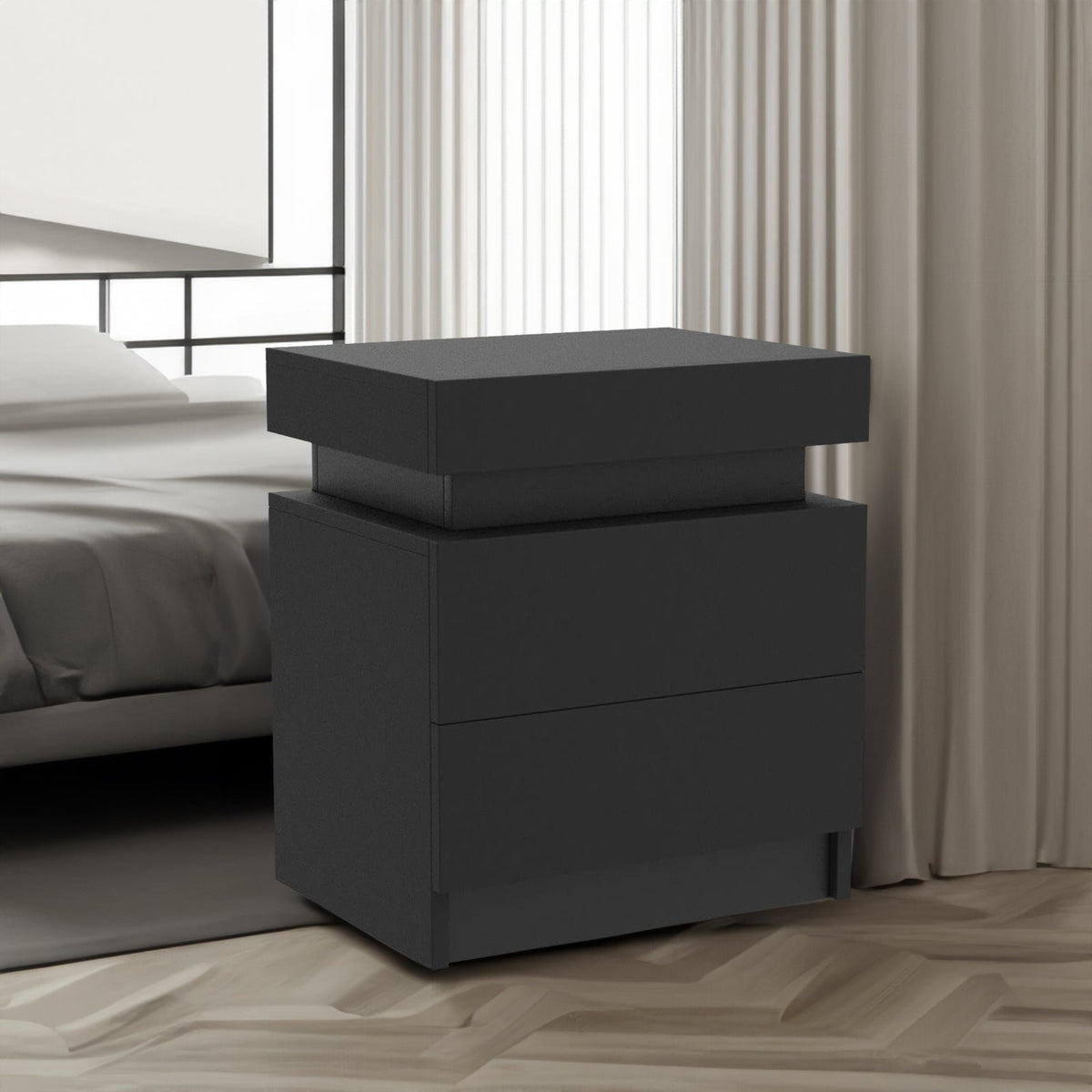 Modern Black LED Nightstand with 2 Drawers and Light