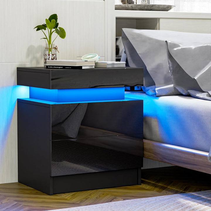 Modern Black LED Nightstand with 2 Drawers and Light