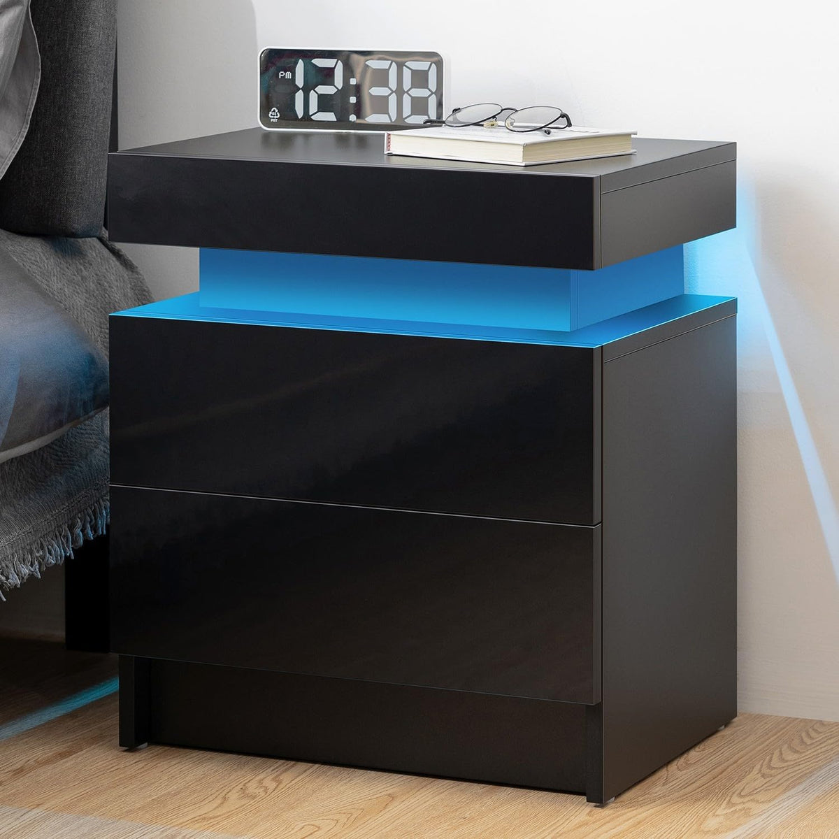 Modern Black LED Nightstand with 2 Drawers and Light