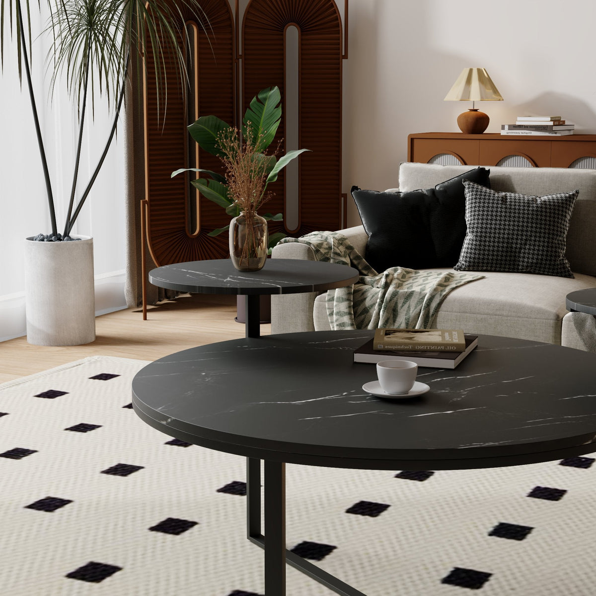 Black Faux Marble Coffee Table with Display Shelves