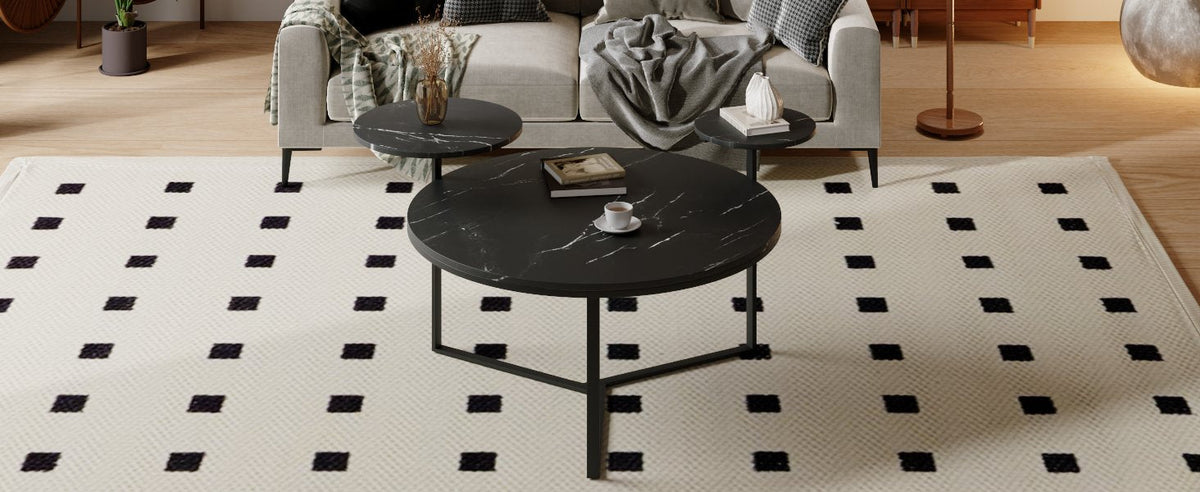 Black Faux Marble Coffee Table with Display Shelves