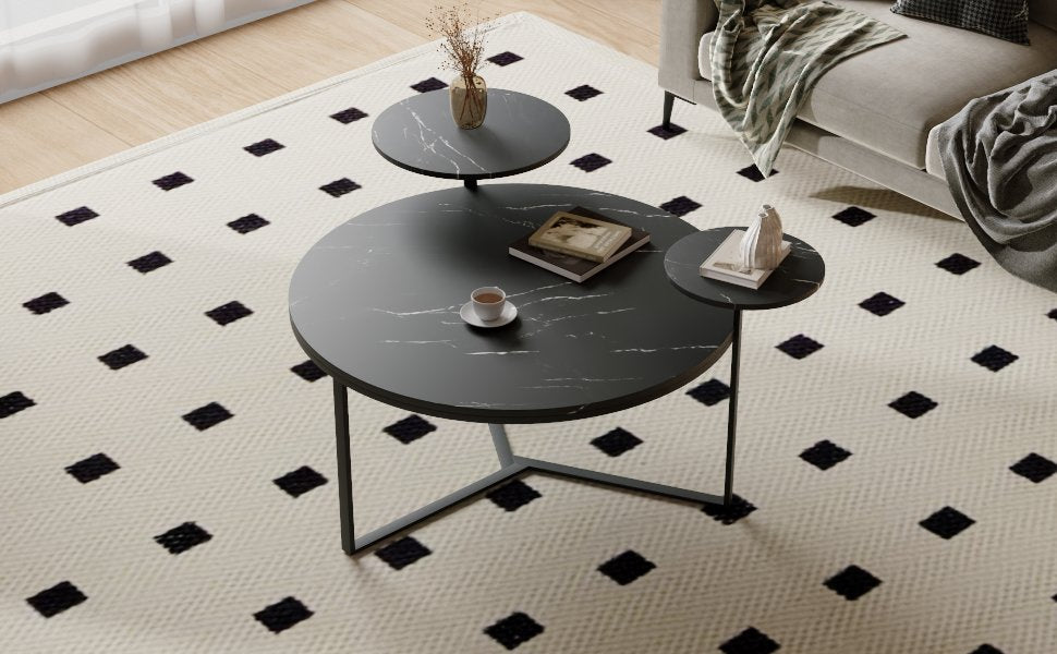 Black Faux Marble Coffee Table with Display Shelves