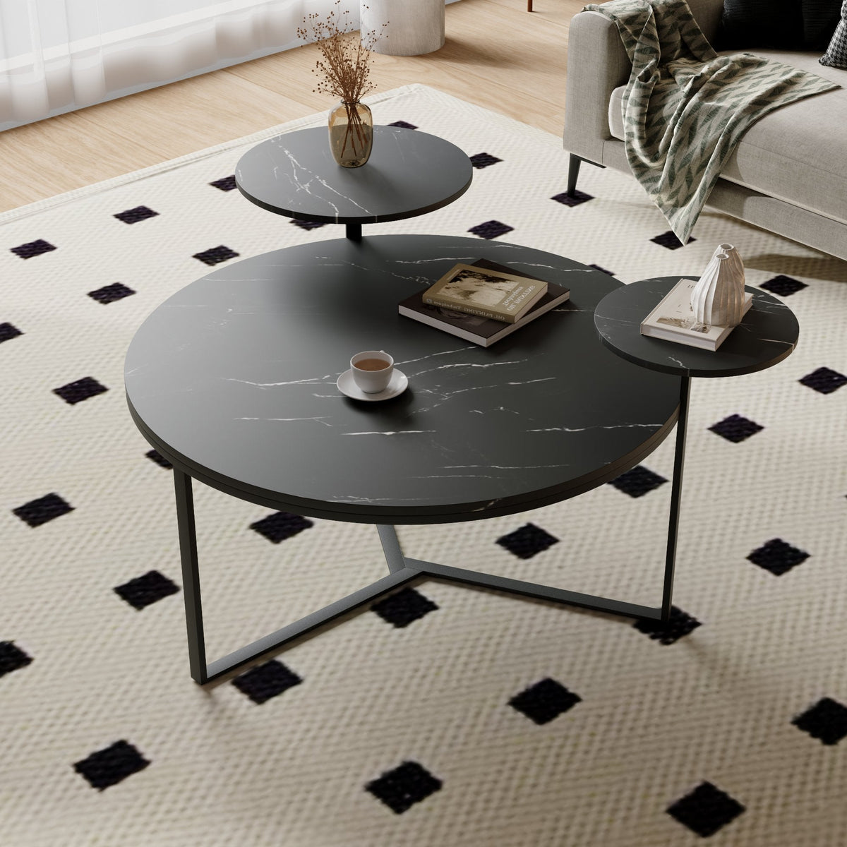 Black Faux Marble Coffee Table with Display Shelves
