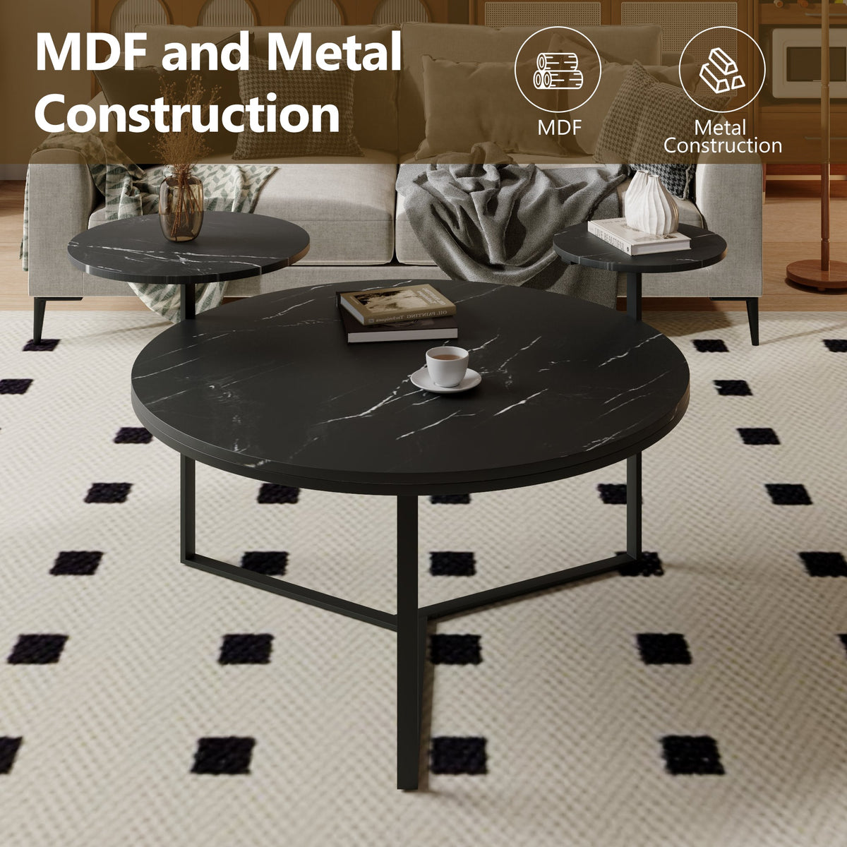Black Faux Marble Coffee Table with Display Shelves