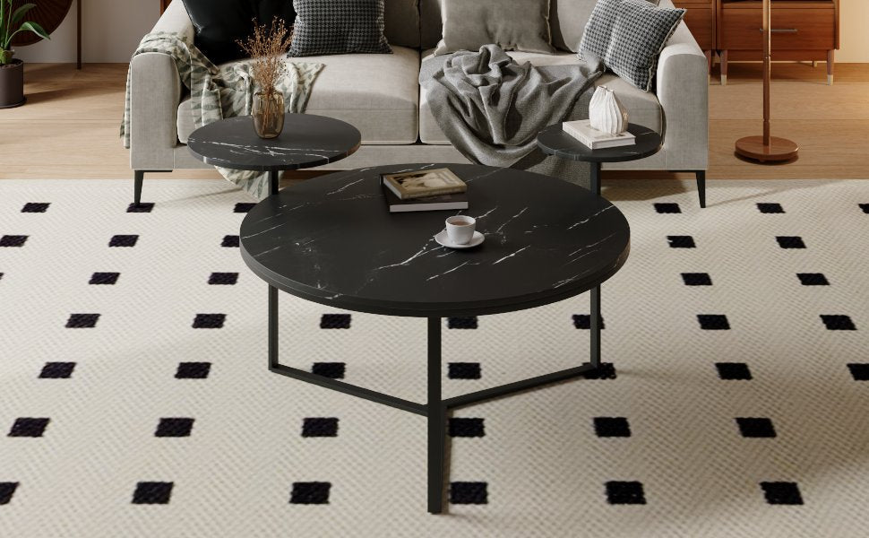 Black Faux Marble Coffee Table with Display Shelves