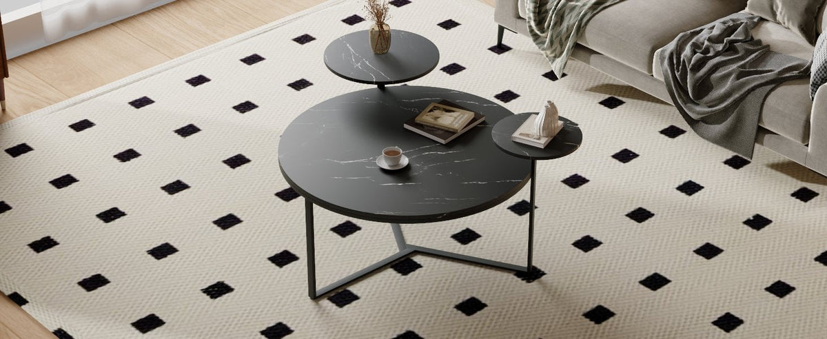 Black Faux Marble Coffee Table with Display Shelves
