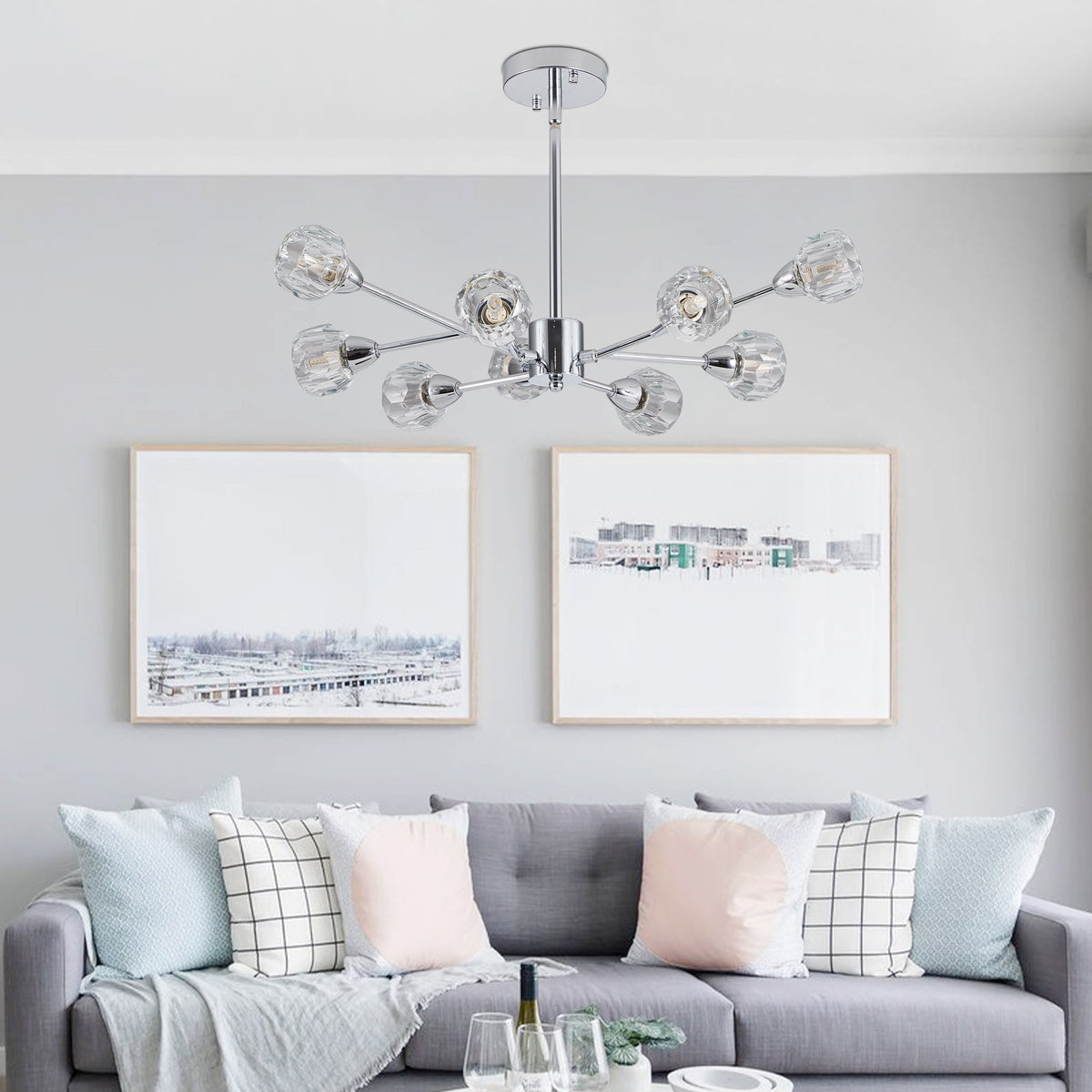 9-Light Modern Chrome Chandelier with Crystal-Style Shades