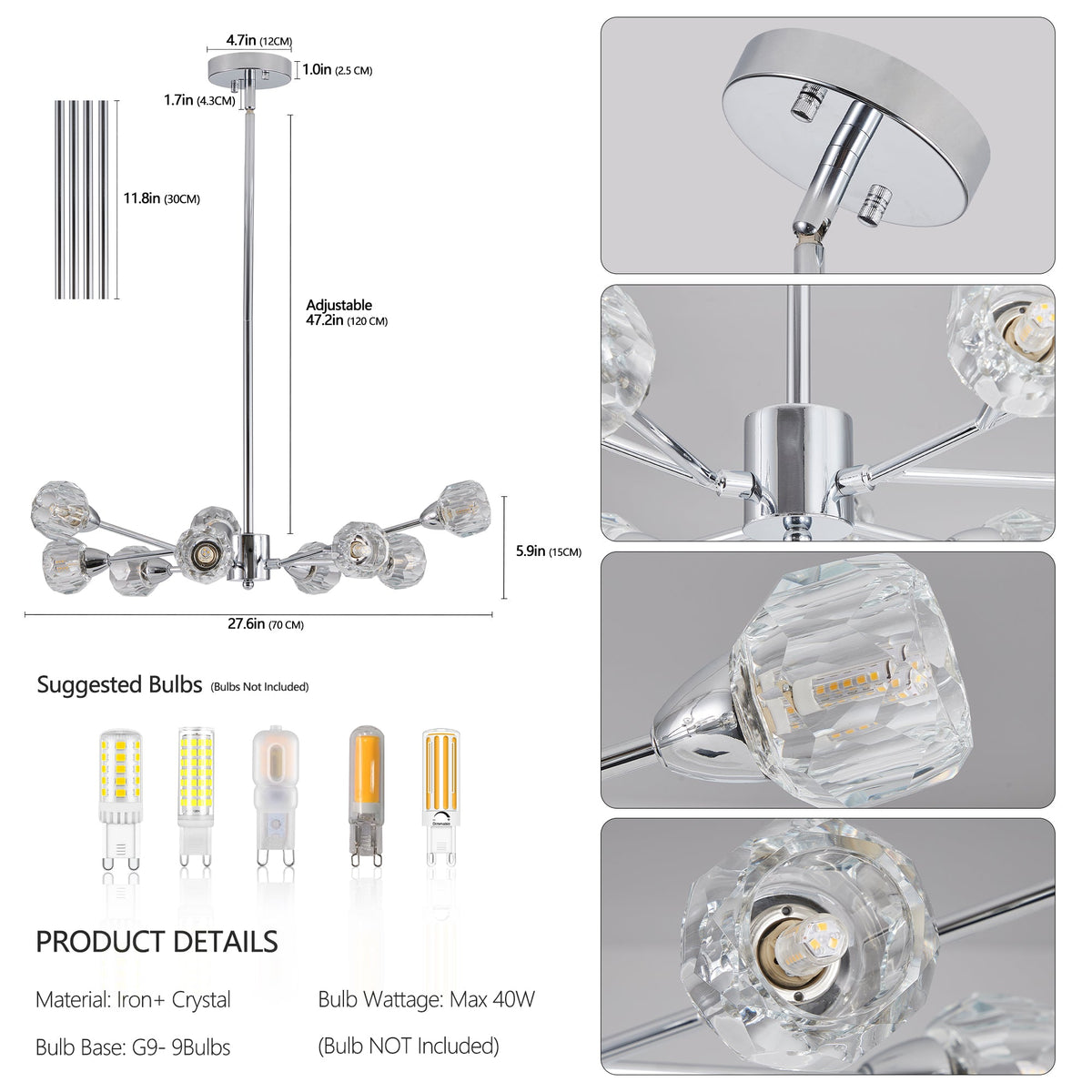 9-Light Modern Chrome Chandelier with Crystal-Style Shades
