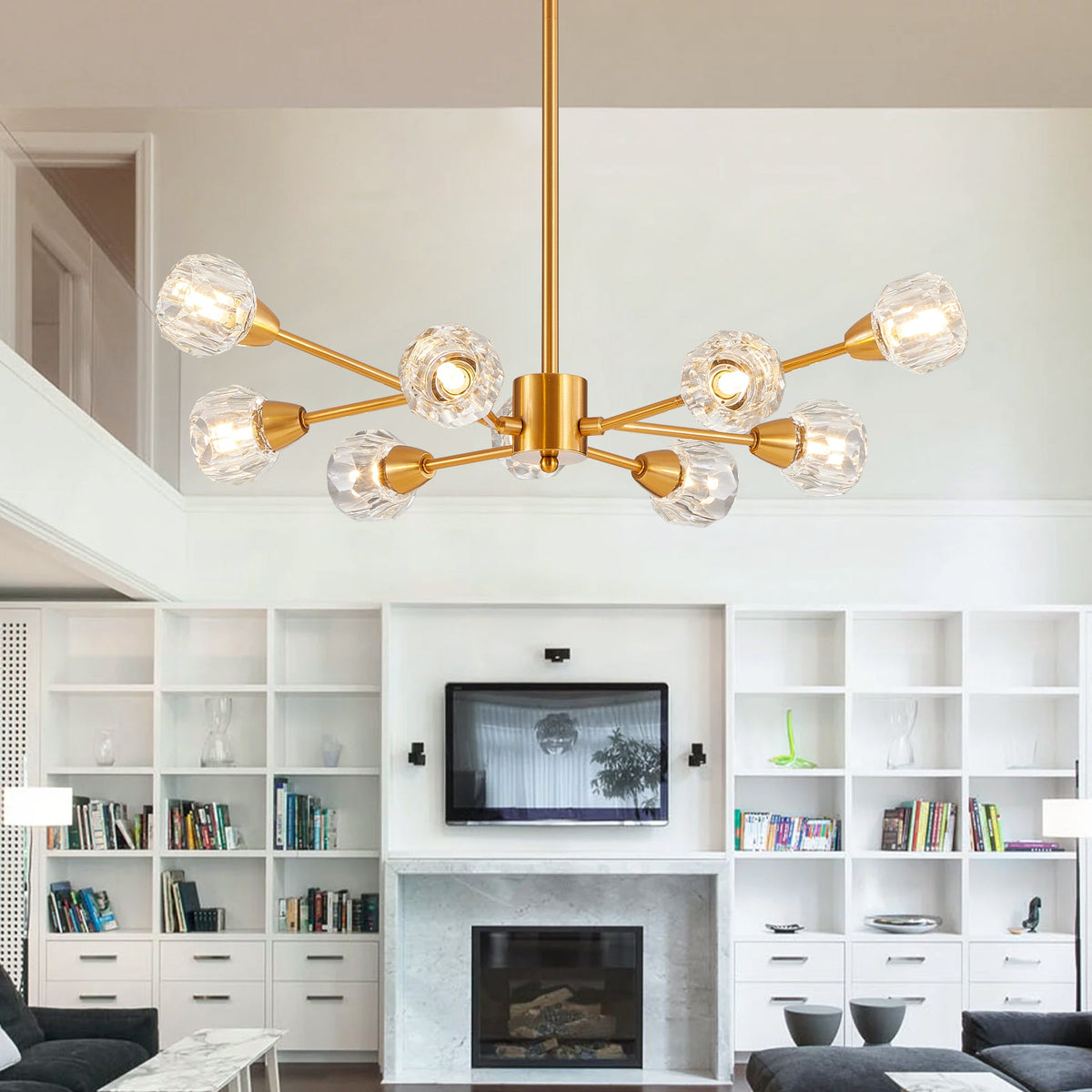 9-Light Golden Crystal Chandelier for Living Rooms