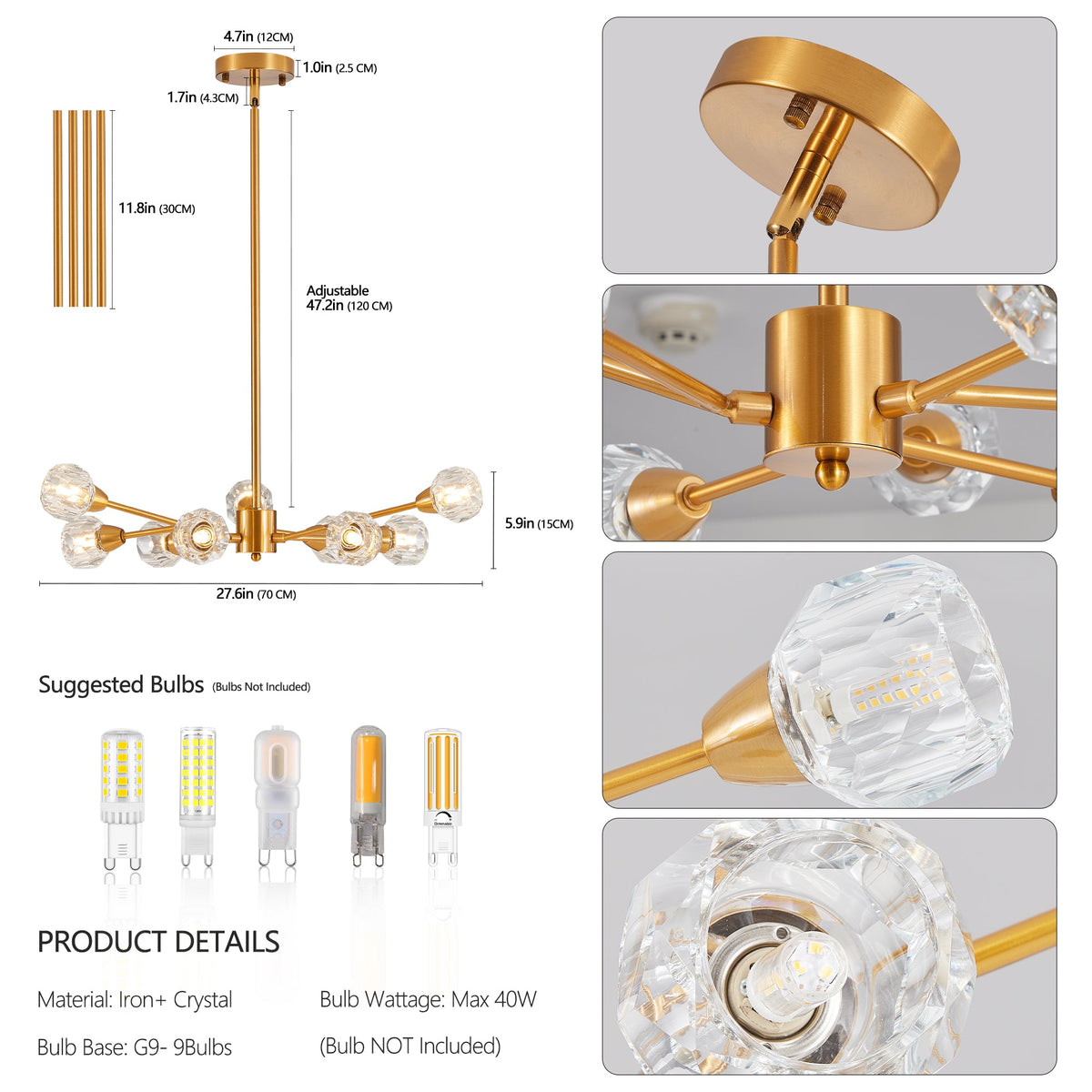 9-Light Golden Crystal Chandelier for Living Rooms