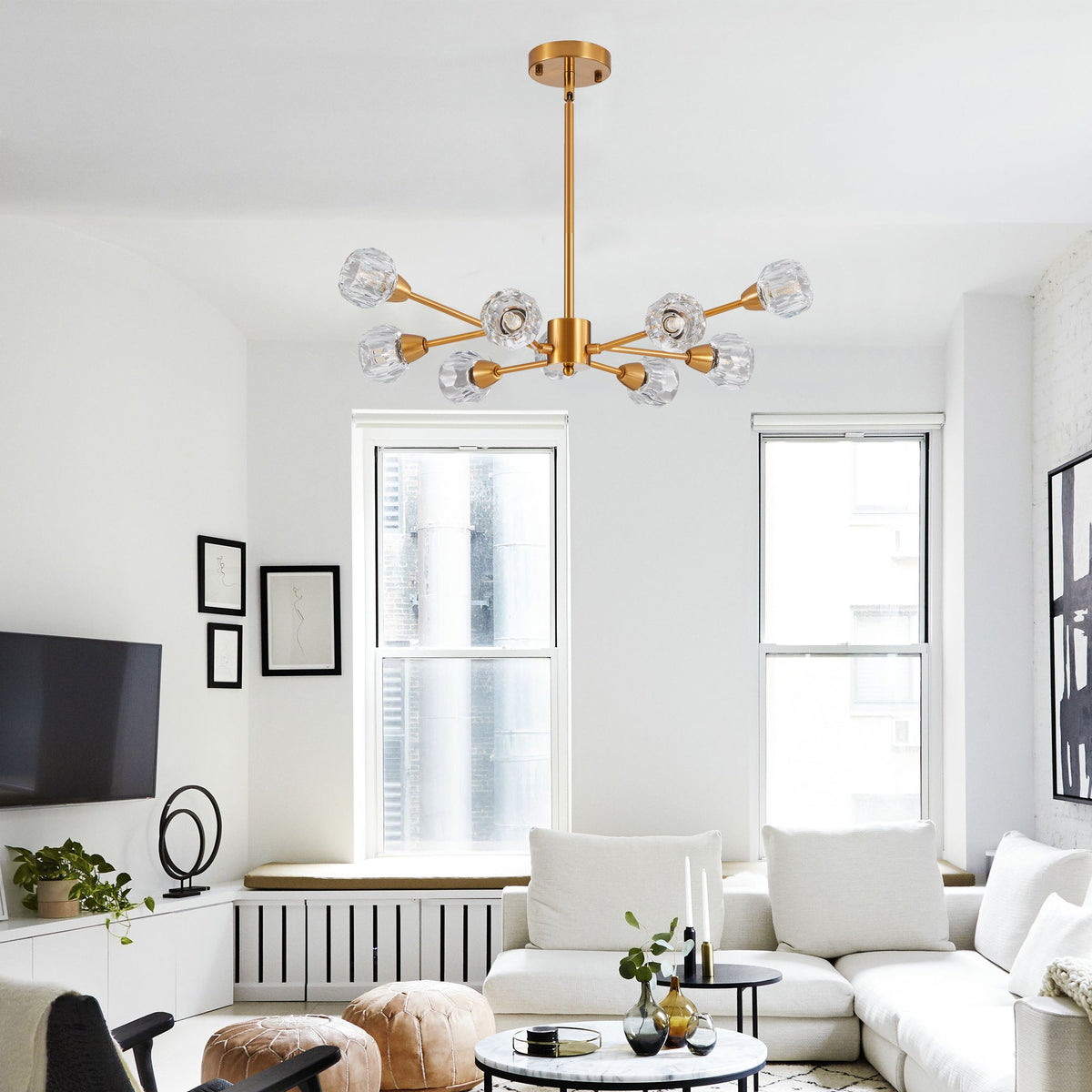 9-Light Golden Crystal Chandelier for Living Rooms