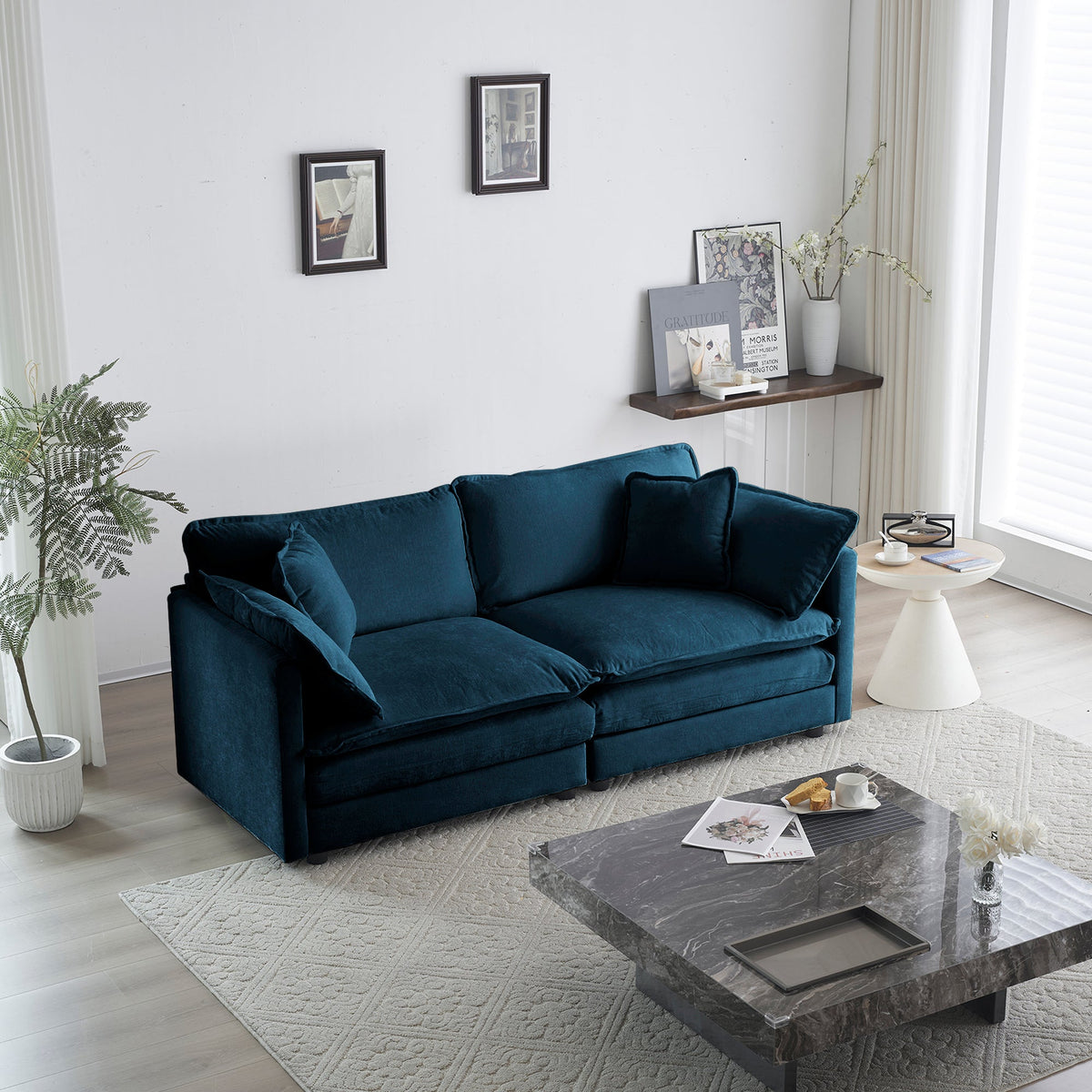 Blue Chenille Loveseat Sofa with Deep Seat & Pillows