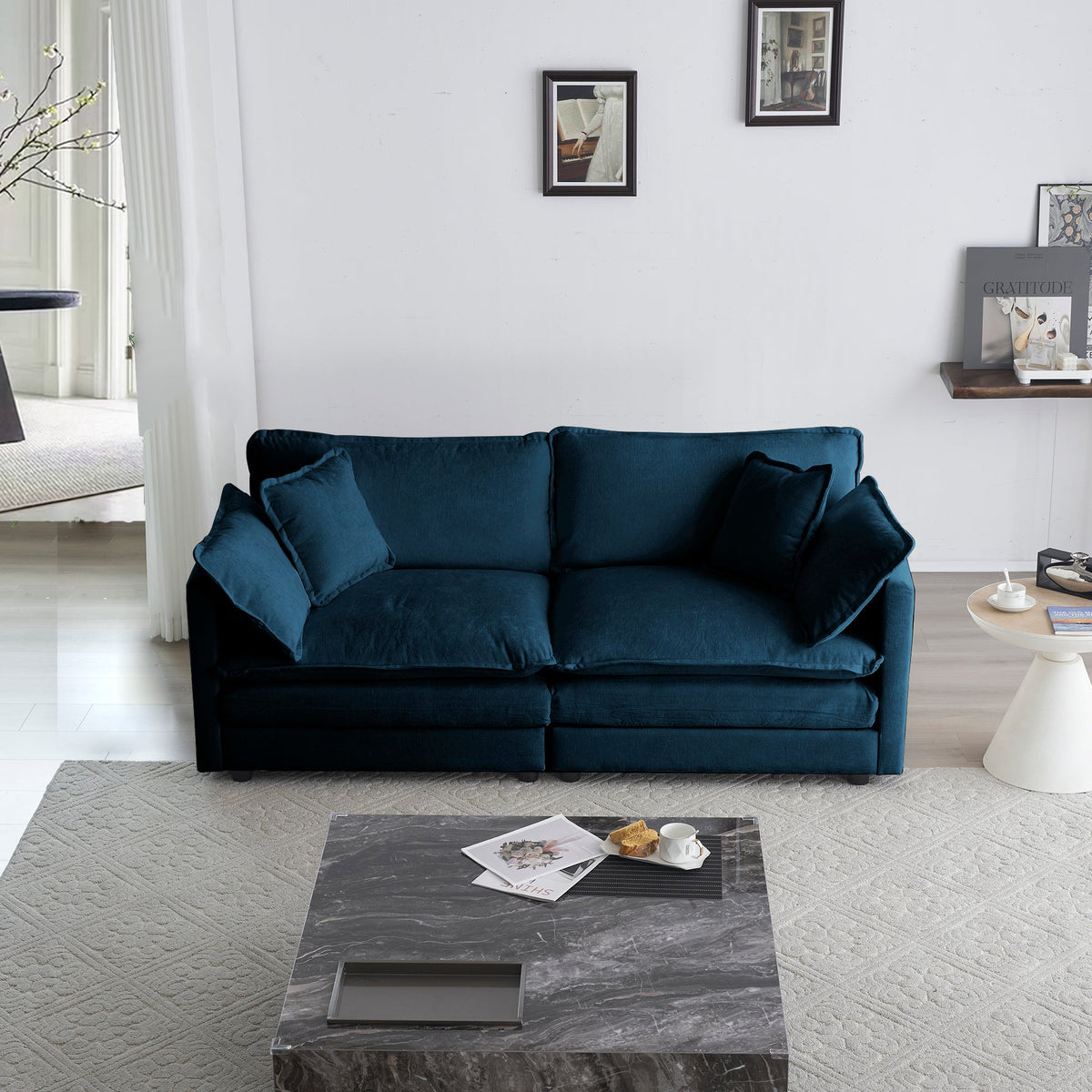 Blue Chenille Loveseat Sofa with Deep Seat & Pillows