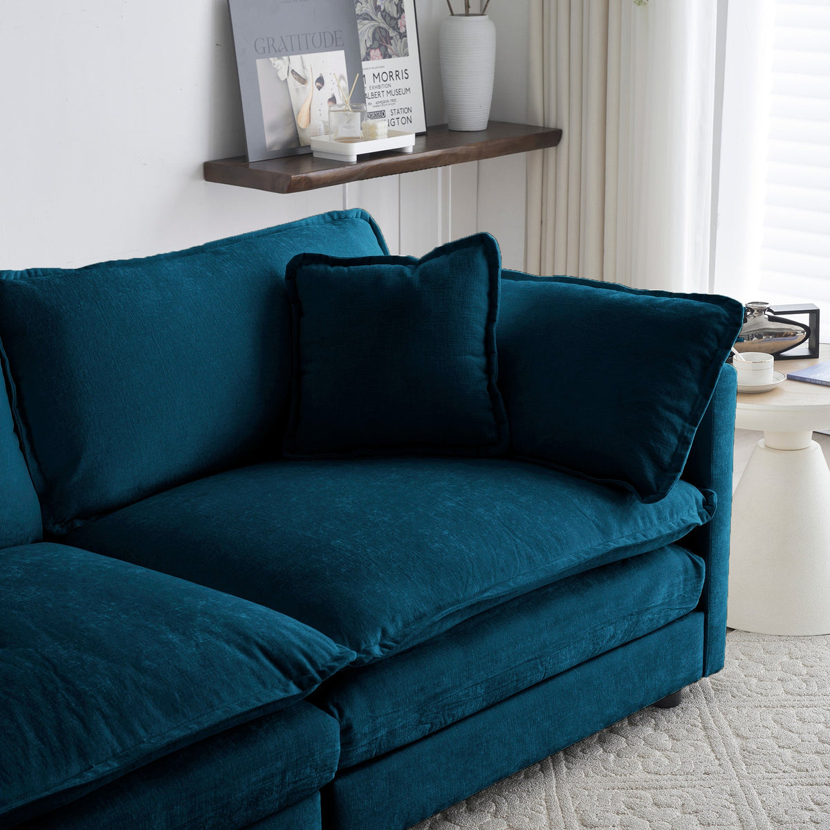 Blue Chenille Loveseat Sofa with Deep Seat & Pillows