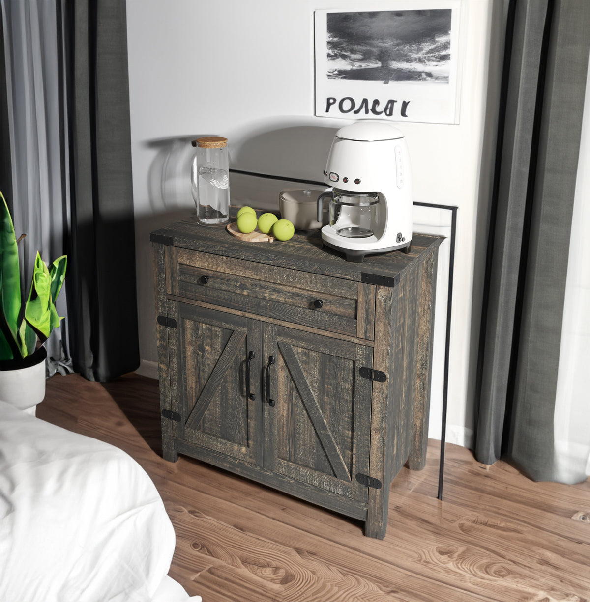 Farmhouse Barn Door Accent Cabinet with Hidden Storage