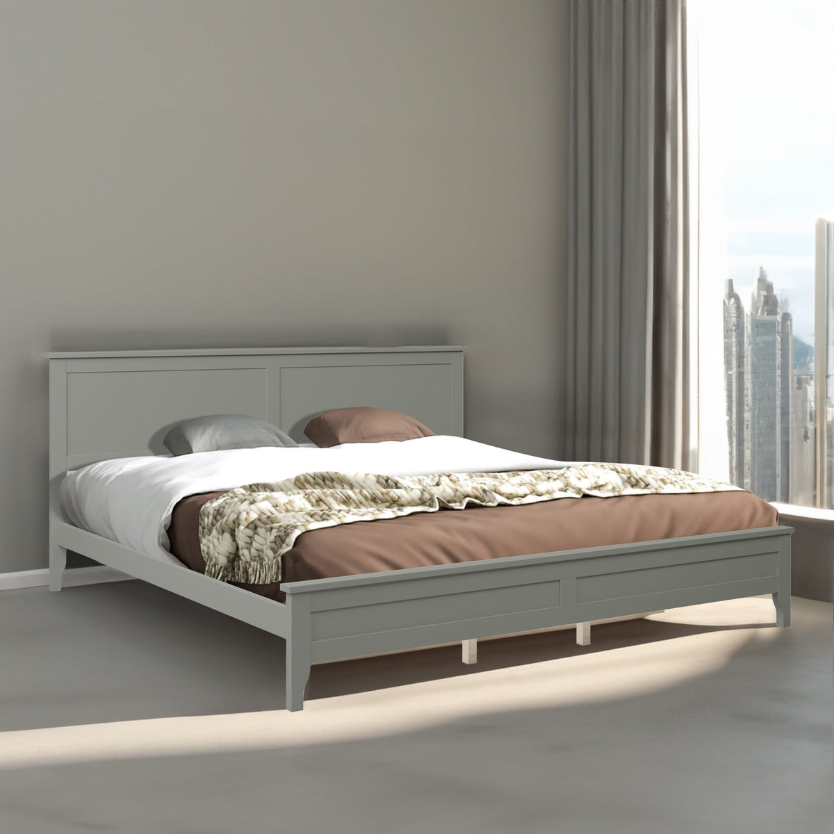 Gray Solid Wood King Platform Bed with Paneled Headboard