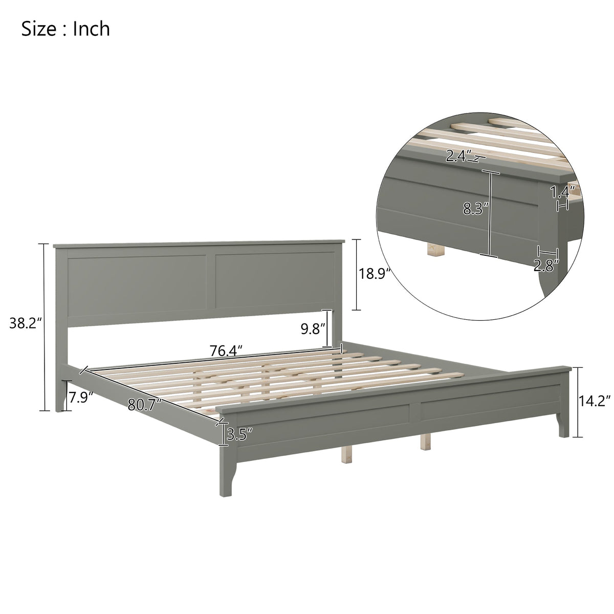 Gray Solid Wood King Platform Bed with Paneled Headboard