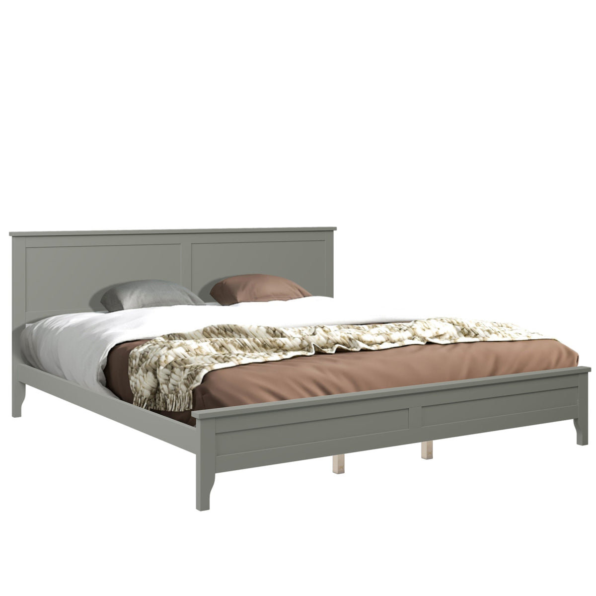 Gray Solid Wood King Platform Bed with Paneled Headboard