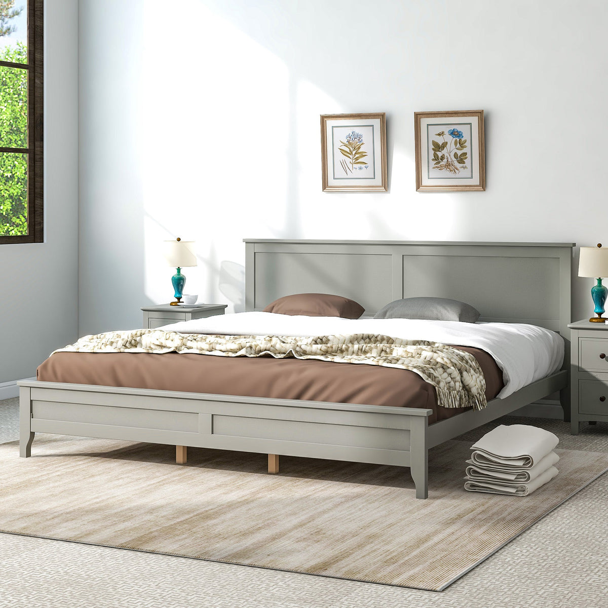 Gray Solid Wood King Platform Bed with Paneled Headboard