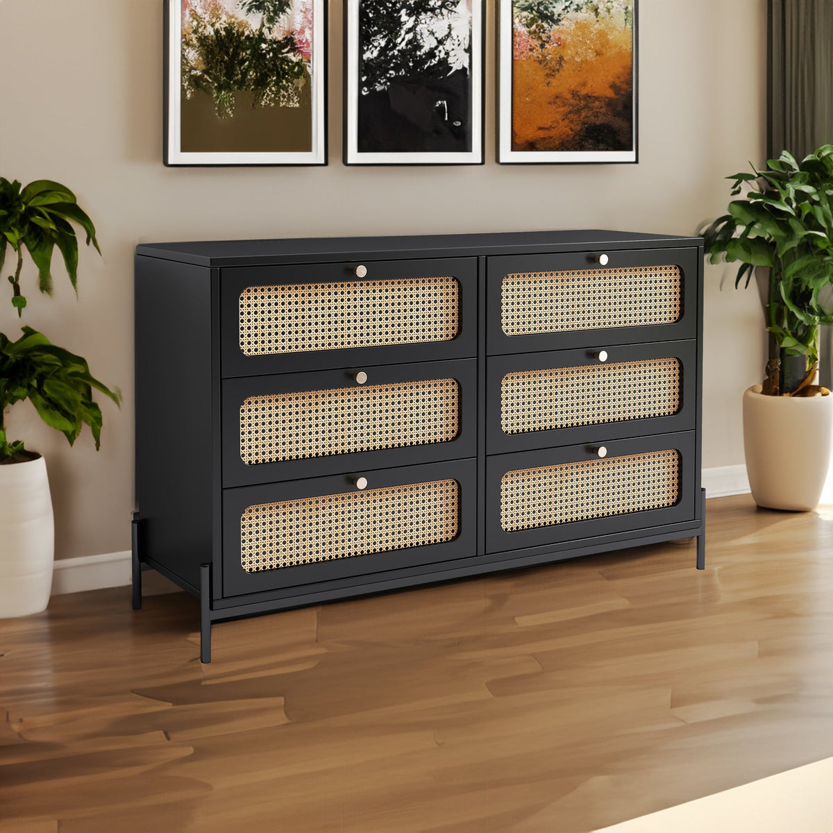 Black Wood 6-Drawer Dresser with Rattan Drawer Fronts