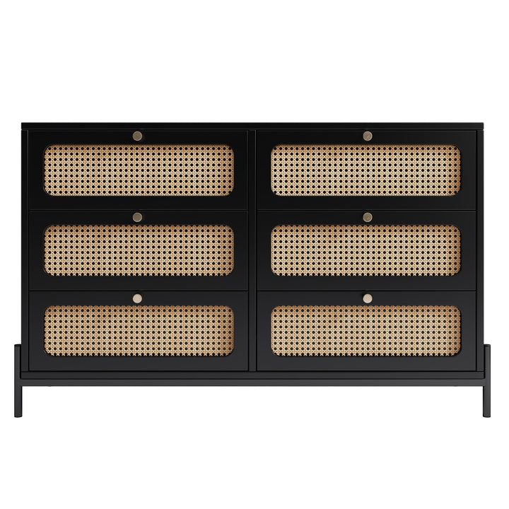 Black Wood 6-Drawer Dresser with Rattan Drawer Fronts