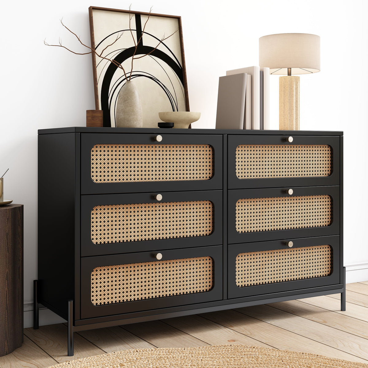 Black Wood 6-Drawer Dresser with Rattan Drawer Fronts