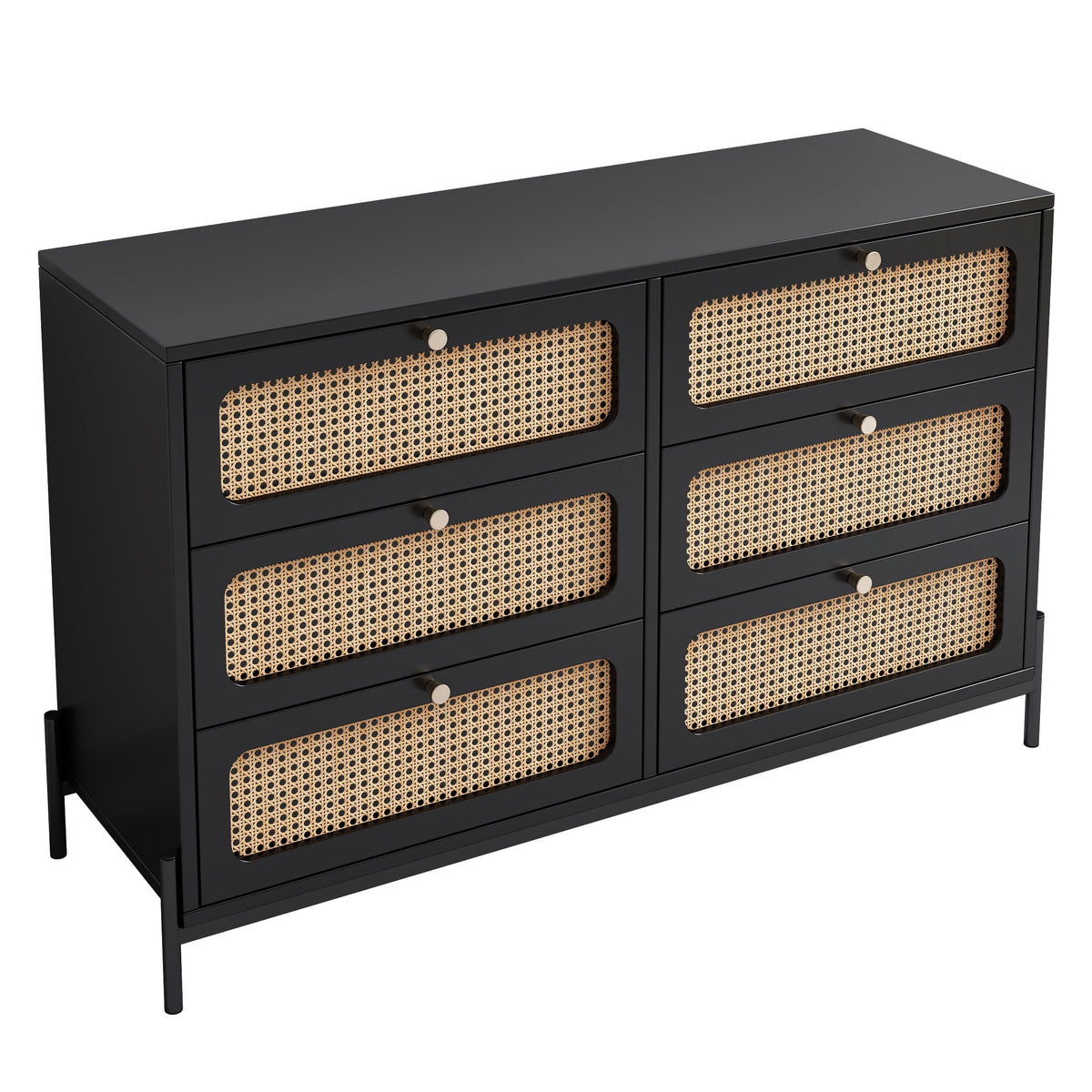 Black Wood 6-Drawer Dresser with Rattan Drawer Fronts